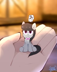 Size: 1628x2059 | Tagged: safe, artist:mar0x8, octavia melody, earth pony, human, pony, g4, cute, female, in goliath's palm, mare, micro, offscreen character, offscreen human, question mark, size difference, solo, tavibetes, tiny, tiny ponies