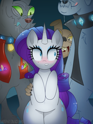 Size: 1500x2000 | Tagged: safe, alternate version, artist:lennonblack, fido, rarity, rover, spot, diamond dog, pony, unicorn, g4, bipedal, blushing, drool, female, food chain, imminent gangbang, imminent sex, licking, licking lips, male, mare, predator, prey, this will end in tears, tongue out