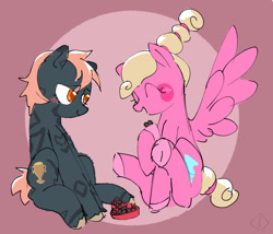 Size: 1322x1129 | Tagged: safe, artist:metaruscarlet, oc, oc only, oc:chuckle, oc:gold rush, earth pony, pegasus, pony, blushing, chocolate, cute, duo, eating, eyes closed, female, food, holiday, lesbian, markings, oc x oc, shipping, sitting, tattoo, trans female, transgender, unshorn fetlocks, valentine's day