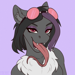 Size: 2048x2048 | Tagged: safe, artist:enderbee, oc, oc only, oc:mimicry, earth pony, anthro, bust, chest fluff, colored, ear fluff, fangs, flat colors, floppy ears, glasses, glasses off, high res, long tongue, portrait, purple background, simple background, solo, tongue out