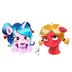 Size: 1080x1080 | Tagged: safe, artist:mango_moon190, izzy moonbow, sprout cloverleaf, earth pony, pony, unicorn, g5, alternate hairstyle, female, male, mare, simple background, stallion, white background