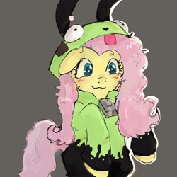 Size: 2048x2048 | Tagged: safe, artist:egg_t0ast, fluttershy, pegasus, pony, antonymph, cutiemarks (and the things that bind us), vylet pony, g4, clothes, costume, fluttgirshy, gir, gray background, high res, hoodie, invader zim, simple background, solo