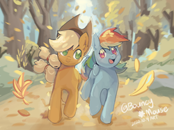 Size: 2732x2048 | Tagged: safe, artist:蹦蹦鼠, applejack, rainbow dash, earth pony, pegasus, pony, fall weather friends, g4, female, forest, high res, leaves, looking at each other, looking at someone, looking sideways, mare, open mouth, open smile, running of the leaves, scene interpretation, smiling