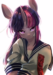 Size: 2894x4093 | Tagged: safe, artist:potetecyu_to, twilight sparkle, unicorn, anthro, g4, clothes, female, looking at you, mare, sailor uniform, simple background, solo, talisman, uniform, white background