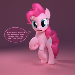Size: 4096x4096 | Tagged: safe, artist:zgcbrony, pinkie pie, earth pony, pony, g4, 3d, absurd resolution, anti-bullying, blender, blender cycles, clothes, dialogue, female, looking at you, pink shirt, pink shirt day, shirt, solo, speech bubble