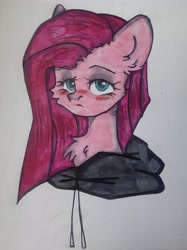 Size: 4019x5380 | Tagged: safe, artist:starkey, pinkie pie, earth pony, pony, g4, bust, chest fluff, clothes, ear fluff, hoodie, pinkamena diane pie, portrait, sad, solo, traditional art