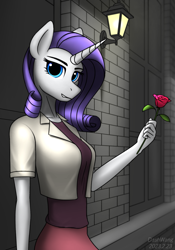 Size: 1573x2247 | Tagged: safe, artist:dash wang, rarity, anthro, g4, clothes, flower, rose, wall, window