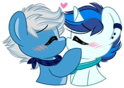 Size: 2676x1896 | Tagged: safe, artist:emberslament, oc, oc only, oc:blue decibel, oc:jay pop, earth pony, pony, unicorn, chibi, gay, kissing, male, simple background, stallion, transparent background