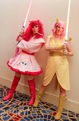 Size: 418x640 | Tagged: safe, fluttershy, pinkie pie, human, g4, boots, clothes, cosplay, costume, duo, high heel boots, humanized, irl, irl human, jedi, photo, shoes, star wars