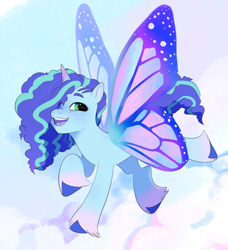 Size: 1757x1927 | Tagged: safe, artist:aztrial, misty brightdawn, pony, unicorn, g5, butterfly wings, cloud, curly mane, cute, female, flying, freckles, glimmer wings, hair over one eye, happy, mare, mistybetes, open mouth, open smile, smiling, solo, unshorn fetlocks, wings