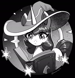 Size: 2008x2085 | Tagged: safe, artist:mrscroup, twilight sparkle, pony, unicorn, g4, book, female, grayscale, hat, high res, mare, monochrome, open book, reading, solo, unicorn twilight, wizard hat