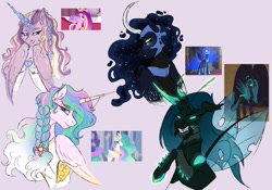 Size: 1280x896 | Tagged: source needed, safe, artist:littlepudel, nightmare moon, princess cadance, princess celestia, queen chrysalis, alicorn, changeling, pony, g4, alternate design, colored, colored sketch, curved horn, horn, sketch