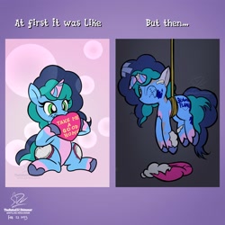 Size: 3500x3500 | Tagged: safe, artist:theratedrshimmer, misty brightdawn, pony, unicorn, g5, abuse, broken horn, high res, horn, meme, mistybuse, piñata, plushie, ponified meme, sad, solo, toy, toy abuse