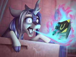 Size: 4000x3000 | Tagged: safe, artist:klarapl, oc, oc only, oc:lotus cinder, kirin, fanfic:words of power, bath, bathtub, bleh, book, ears back, female, fimfiction, fire, fire magic, high res, kirin oc, mare, pinpoint eyes, solo, story in the source