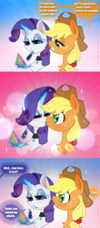 Size: 1420x3232 | Tagged: safe, artist:rrd-artist, applejack, rarity, earth pony, pony, unicorn, g4, accent, applejack is best facemaker, blushing, choker, comic, cool, damn, eyeshadow, female, kiss on the lips, kissing, lesbian, lipstick, makeup, rarity is best facemaker, ship:rarijack, shipping, stunned, surprise kiss, tempting fate, that escalated quickly