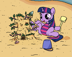 Size: 587x464 | Tagged: safe, artist:myra, twilight sparkle, pony, unicorn, g4, beach, clothes, female, filly, filly twilight sparkle, happy, one-piece swimsuit, sand, sandcastle, shovel, sitting, solo, spread legs, spreading, swimsuit, younger