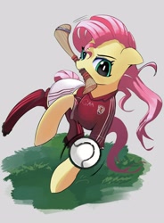 Size: 2248x3050 | Tagged: safe, artist:solid shrimp, fluttershy, pegasus, pony, g4, ball, camogie, clothes, derp, female, high res, hurley, hurling, jersey, mouth hold, shorts, simple background, socks, solo, sports
