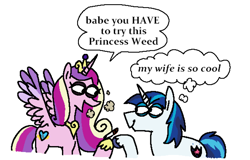 Size: 2048x1312 | Tagged: safe, artist:punkittdev, princess cadance, shining armor, alicorn, pony, unicorn, g4, bags under eyes, dialogue, drug use, drugs, dudeweed, female, height difference, joint, lidded eyes, looking at each other, looking at someone, male, mare, marijuana, ship:shiningcadance, shipping, simple background, smoke, speech bubble, stallion, straight, thought bubble, white background