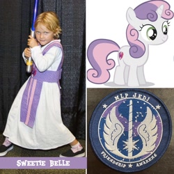 Size: 1080x1080 | Tagged: safe, artist:mlpjedi, sweetie belle, human, pony, unicorn, g4, clothes, cosplay, costume, crossover, female, filly, foal, irl, irl human, jedi, lightsaber, photo, solo, star wars, weapon