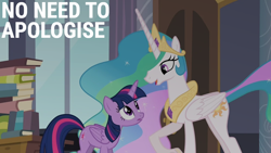 Size: 1000x563 | Tagged: safe, edit, edited screencap, editor:quoterific, screencap, princess celestia, twilight sparkle, alicorn, pony, g4, princess twilight sparkle (episode), book, crown, duo, duo female, ethereal mane, ethereal tail, female, hoof shoes, jewelry, looking at each other, looking at someone, mare, open mouth, open smile, peytral, regalia, smiling, tail, twilight sparkle (alicorn)
