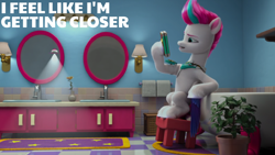 Size: 1920x1080 | Tagged: safe, edit, edited screencap, editor:quoterific, screencap, zipp storm, pegasus, pony, g5, hoof done it?, my little pony: make your mark, my little pony: make your mark chapter 2, bathroom, bathtub, cellphone, detective zipp, drone, female, hoof hold, leaning, mare, mirror, open mouth, phone, plant, silver hooves, smartphone, solo, stool, unshorn fetlocks