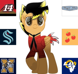 Size: 554x528 | Tagged: safe, applejack, oc, oc only, oc:14fan, pegasus, pony, g4, ahl, american football, applejack's cutie mark, cfl, college, echl, hockey, ice hockey, los angeles, los angeles rams, mls, nascar, navy, nfl, nhl, ohl, profile picture, qmjhl, seattle, seattle kraken, simple background, solo, transparent background, ushl, whl, wnba