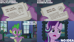 Size: 2000x1125 | Tagged: safe, edit, edited screencap, editor:quoterific, screencap, fluttershy, rainbow dash, spike, starlight glimmer, dragon, pegasus, pony, unicorn, every little thing she does, g4, book, bookshelf, card, chest, confused, female, friendship lesson, globe, holding, implied chillaxing, male, mare, open mouth, plant, twilight's castle, window