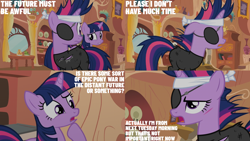 Size: 2000x1125 | Tagged: safe, edit, edited screencap, editor:quoterific, screencap, twilight sparkle, pony, unicorn, g4, it's about time, alternate hairstyle, bandana, clothes, confused, eyepatch, female, future twilight, golden oaks library, gritted teeth, injured, mare, open mouth, scar, self paradox, self ponidox, teeth, twolight, unicorn twilight
