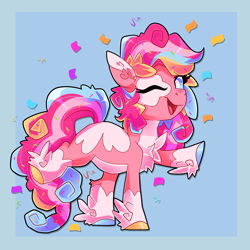 Size: 2048x2048 | Tagged: safe, artist:plushtrapez, pinkie pie, earth pony, pony, g4, chest fluff, coat markings, colored ears, colored hooves, confetti, ear fluff, female, high res, hoof fluff, hooves, mare, one eye closed, open mouth, open smile, raised hoof, raised leg, redesign, smiling, solo, unshorn fetlocks, white pupils, wink