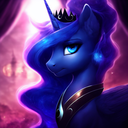 Size: 1536x1536 | Tagged: safe, ai assisted, ai content, editor:epsilonwolf, generator:purplesmart.ai, generator:stable diffusion, prompter:epsilonwolf, princess luna, alicorn, pony, g4, collar, ear fluff, ethereal mane, female, horn, jewelry, looking at you, mare, regalia, smiling, solo, tiara, wings