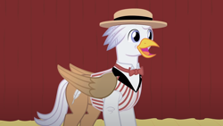 Size: 1280x720 | Tagged: safe, artist:mlp-silver-quill, oc, oc:silver quill, hippogriff, after the fact, after the fact:filli vanilli, bowtie, clothes, curtains, hat, shirt, stage