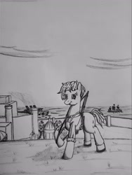Size: 2449x3265 | Tagged: safe, artist:timejumper, oc, oc only, oc:shanalotte, earth pony, pony, castle, city, clothes, context is for the weak, gun, high res, international brigades, overalls, pencil drawing, rifle, ship, soldier, solo, traditional art, weapon