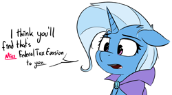 Size: 1338x742 | Tagged: safe, artist:pinkberry, trixie, pony, unicorn, g4, colored sketch, dialogue, doodle, floppy ears, horn, simple background, solo, talking, tax evasion, this will end in jail time, white background