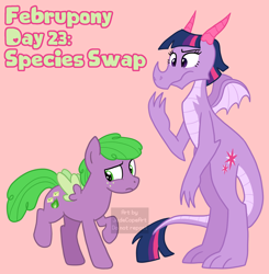 Size: 1872x1910 | Tagged: safe, artist:queertrixie, derpibooru exclusive, spike, twilight sparkle, dragon, pegasus, pony, g4, dragoness, dragonified, duo, duo male and female, februpony, female, male, pink background, ponified, ponified spike, role reversal, simple background, species swap, twilidragon, watermark