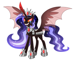 Size: 7581x6362 | Tagged: safe, artist:aleximusprime, cozy glow, oc, oc only, oc:the sorceress, alicorn, pony, fanfic:oh mother where art thou, flurry heart's story, g4, alicorn oc, armor, bat wings, crown, evil, evil smile, fangs, grin, half note (cozy glow), horn, jewelry, nightmare cozy glow, nightmarified, oc villain, red eyes, red horn, red sclera, regalia, simple background, smiling, solo, spread wings, transparent background, wavy mane, wings