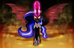 Size: 2000x1294 | Tagged: safe, artist:aleximusprime, cozy glow, oc, oc:the sorceress, fanfic:oh mother where art thou, flurry heart's story, g4, armor, bat wings, crown, evil, evil smile, female, glowing, glowing horn, grin, half note (cozy glow), horn, jewelry, mare, nightmare, nightmare cozy glow, nightmarified, oc villain, red horn, red sclera, regalia, slit pupils, smiling, solo, wavy mane, wings