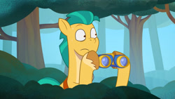 Size: 3072x1727 | Tagged: safe, screencap, hitch trailblazer, earth pony, pony, g5, my little pony: tell your tale, sparky's sick, spoiler:g5, spoiler:my little pony: tell your tale, spoiler:tyts01e46, binoculars, frown, male, pinpoint eyes, solo, stallion, tree