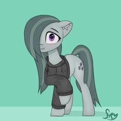 Size: 1000x1000 | Tagged: safe, artist:skylairo, derpibooru exclusive, marble pie, earth pony, pony, g4, blushing, clothes, ear fluff, female, hair over one eye, hoodie, looking at you, mare, raised hoof, shadow, simple background, sleepy, smiling, solo, tail, watermark