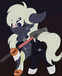 Size: 3468x4257 | Tagged: safe, oc, oc:silverstreak, earth pony, pony, bandage, clothes, coat markings, commission, dappled, facial markings, gloves, hammer, pants, pinto, solo