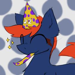 Size: 2000x2000 | Tagged: safe, artist:monycaalot, oc, oc:fizark catto, monster pony, original species, pony, tatzlpony, ^^, birthday, colored sketch, eyes closed, happy, hat, high res, party hat, party horn, sketch, solo
