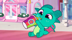 Size: 3072x1727 | Tagged: safe, screencap, sparky sparkeroni, dragon, g5, my little pony: tell your tale, sparky's sick, spoiler:g5, spoiler:my little pony: tell your tale, spoiler:tyts01e46, :o, baby, baby dragon, drink, drinking, male, mane melody (location), open mouth, smoothie, solo