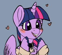 Size: 1800x1600 | Tagged: safe, artist:brainiac, twilight sparkle, alicorn, pony, g4, blushing, clapping, clopping hooves, clothes, collar, cute, female, floating heart, heart, mare, open mouth, open smile, pet play, pet tag, pettwi, pony pet, smiling, solo, sweater, twiabetes, twilight sparkle (alicorn), unshorn fetlocks