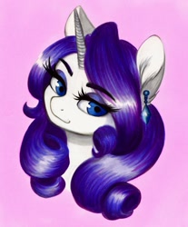 Size: 1050x1266 | Tagged: safe, artist:cherubisous, rarity, pony, unicorn, g4, bust, ear piercing, earring, eye clipping through hair, eyebrows, eyebrows visible through hair, eyeshadow, female, jewelry, makeup, mare, piercing, pink background, portrait, simple background, smiling, solo
