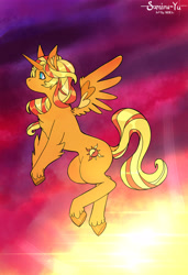 Size: 3900x5700 | Tagged: safe, artist:abelsrequiem, sunset shimmer, alicorn, pony, g4, alicornified, chest fluff, fluffy, flying, race swap, shimmercorn, solo, spread wings, unshorn fetlocks, wings