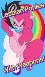 Size: 640x1080 | Tagged: safe, artist:brokenoutlet666, pinkie pie, earth pony, pony, cutiemarks (and the things that bind us), lesbian ponies with weapons, vylet pony, g4, chainsaw, eyes closed, rainbow, solo, text