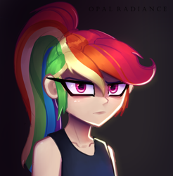 Size: 2520x2556 | Tagged: safe, artist:opal_radiance, rainbow dash, human, equestria girls, g4, angry, bare shoulders, glare, high res, human coloration, humanized, looking at you, rainbow dash is not amused, sleeveless, solo, unamused