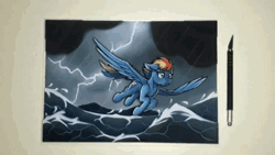 Size: 544x306 | Tagged: safe, artist:made_by_franch, rainbow dash, pegasus, pony, g4, animated, art, craft, diorama, figure, gif, handmade, ocean, solo, storm, video, water