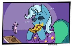 Size: 693x434 | Tagged: safe, artist:balileart, starlight glimmer, trixie, pony, unicorn, g4, clothes, duo, eating, eyes closed, food, pizza, sitting, text