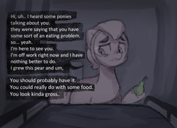 Size: 882x638 | Tagged: safe, anonymous artist, sprout cloverleaf, earth pony, pony, series:anorexic sunny, g5, bed, hospital bed, implied sunny starscout, male, offscreen character, pov, solo, stallion