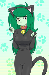 Size: 1472x2224 | Tagged: safe, alternate version, artist:batipin, wallflower blush, cat, human, equestria girls, g4, animal costume, bell, bell collar, breasts, busty wallflower blush, cat costume, clothes, collar, costume, female, gradient background, solo